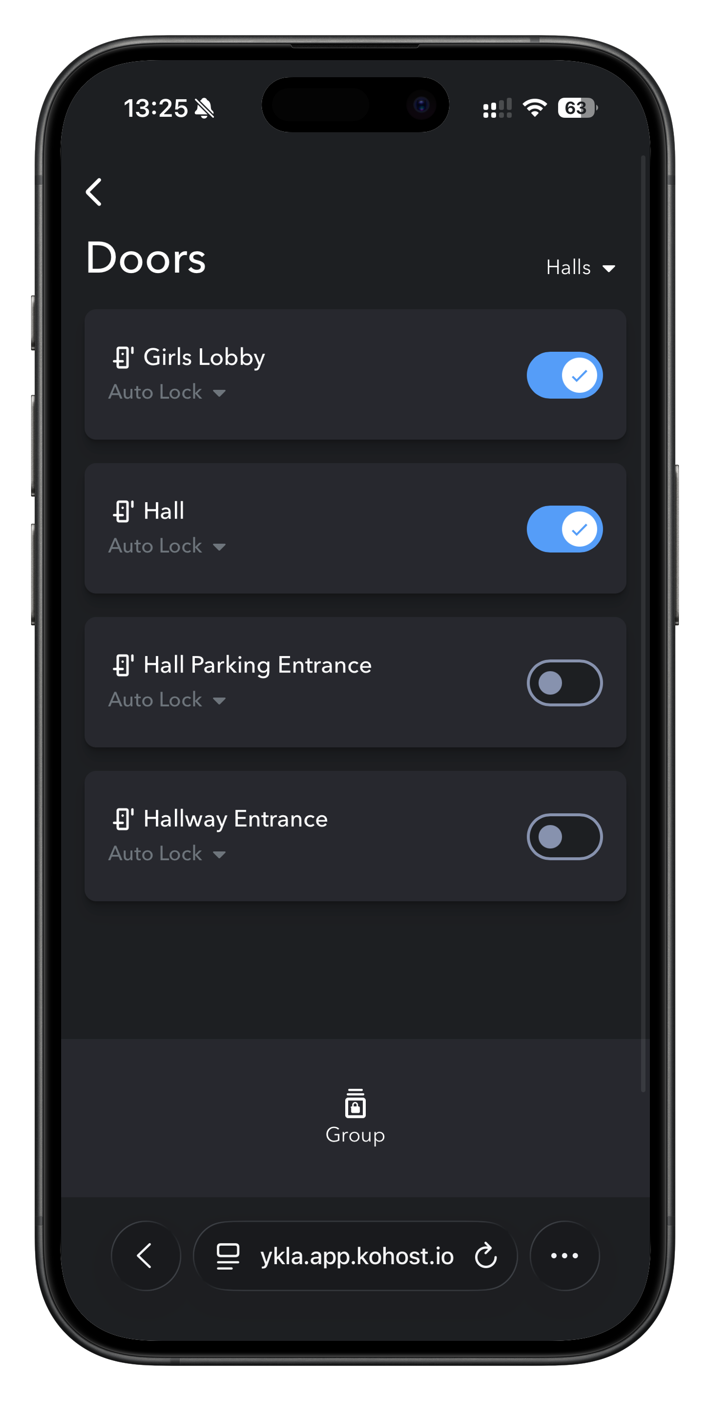 Kohost access control interface showing door controls, access schedules, and security status by zone
